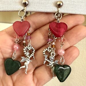 Pink and green heart cherub charm clip on earrings